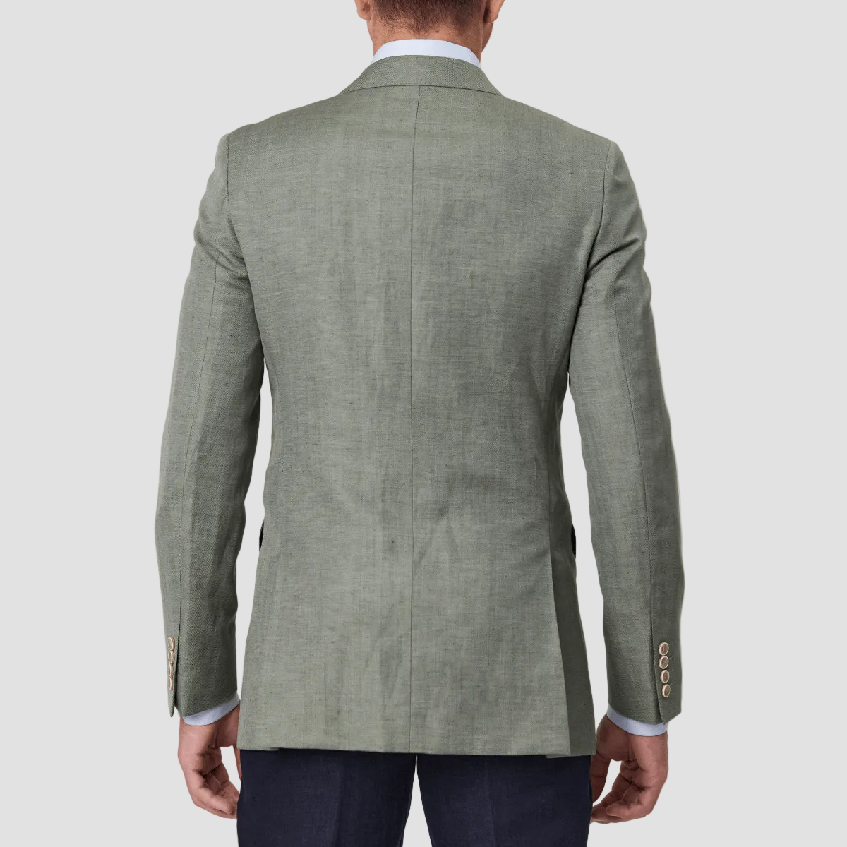 Green linen blend sports jacket, double vented and 4 button sleeves.