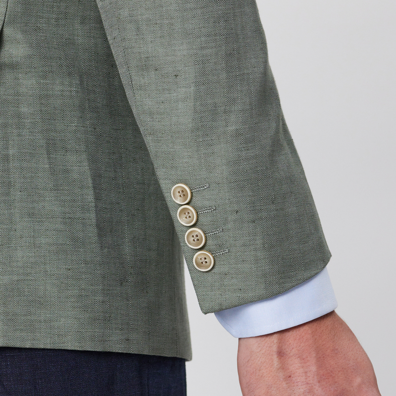 Cuff buttonholes in the Savile Row Slim Fit Abram Sports Jacket in Green Linen Blend