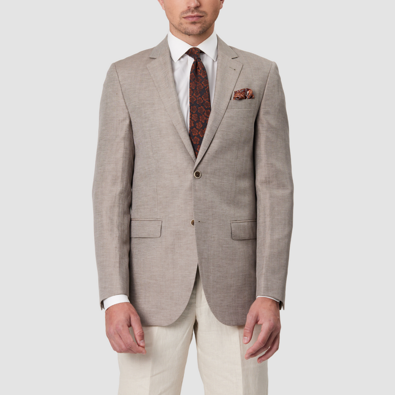 Front view of the Savile Row Tailored Fit Mens Abram Suit Jacket in Stone Linen Blend