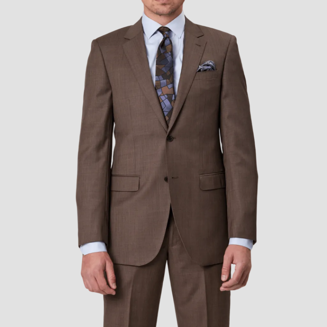 A latte brown wool suit with a tailored fit, by Savile Row, including a jacket and trousers.