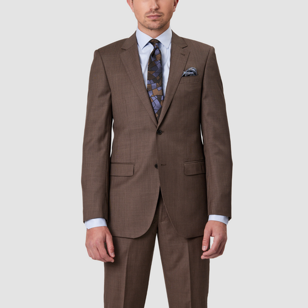 Close up details of the Savile Row Tailored Fit Mens Abram Suit in Latte Brown Pure Wool.