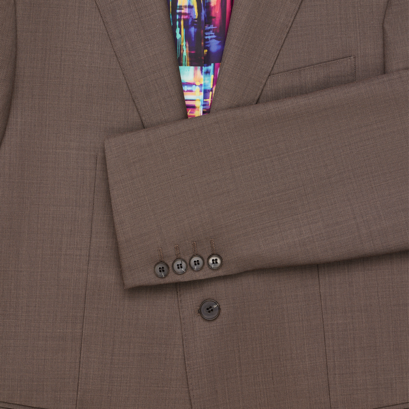 Button and cuff details of the Savile Row Tailored Fit Mens Abram Suit in Latte Brown Pure Wool