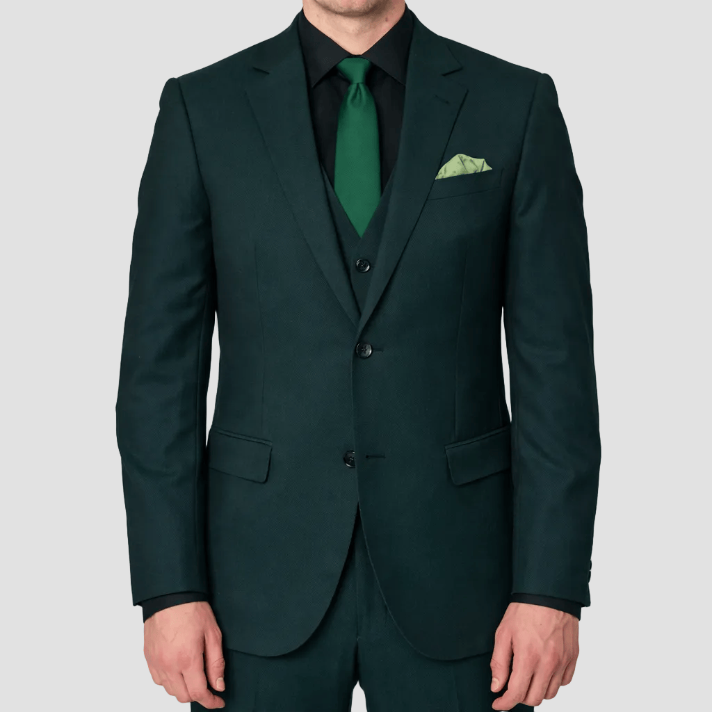 A forest green merino wool men's suit jacket by Savile Row with a notched lapel, two front pockets, and a satin inner lining.