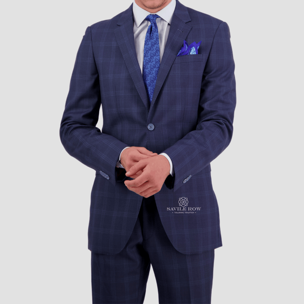 Savile Row Tailored Fit Mens Abram Cornflower Blue Check Suit in Wool Cashmere