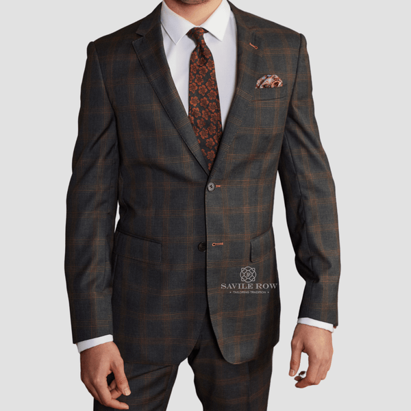 Savile Row Tailored Fit Mens Abram Charcoal Cedar Check Suit in Wool Cashmere