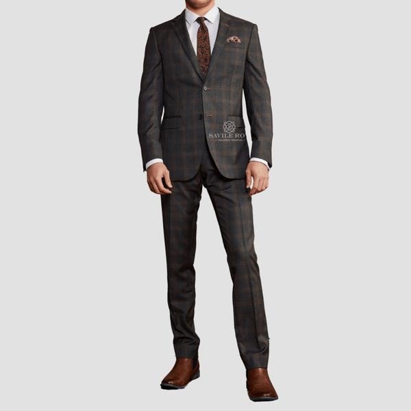 Savile Row Tailored Fit Mens Abram Charcoal Cedar Check Suit in Wool Cashmere