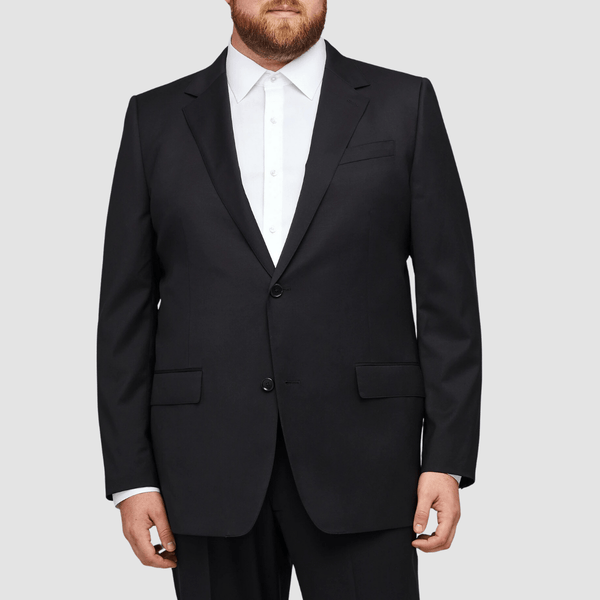 Savile Row Maximus Bigman Fit Black Suit—classic style, wool‑blend, notch lapel, flap pockets.