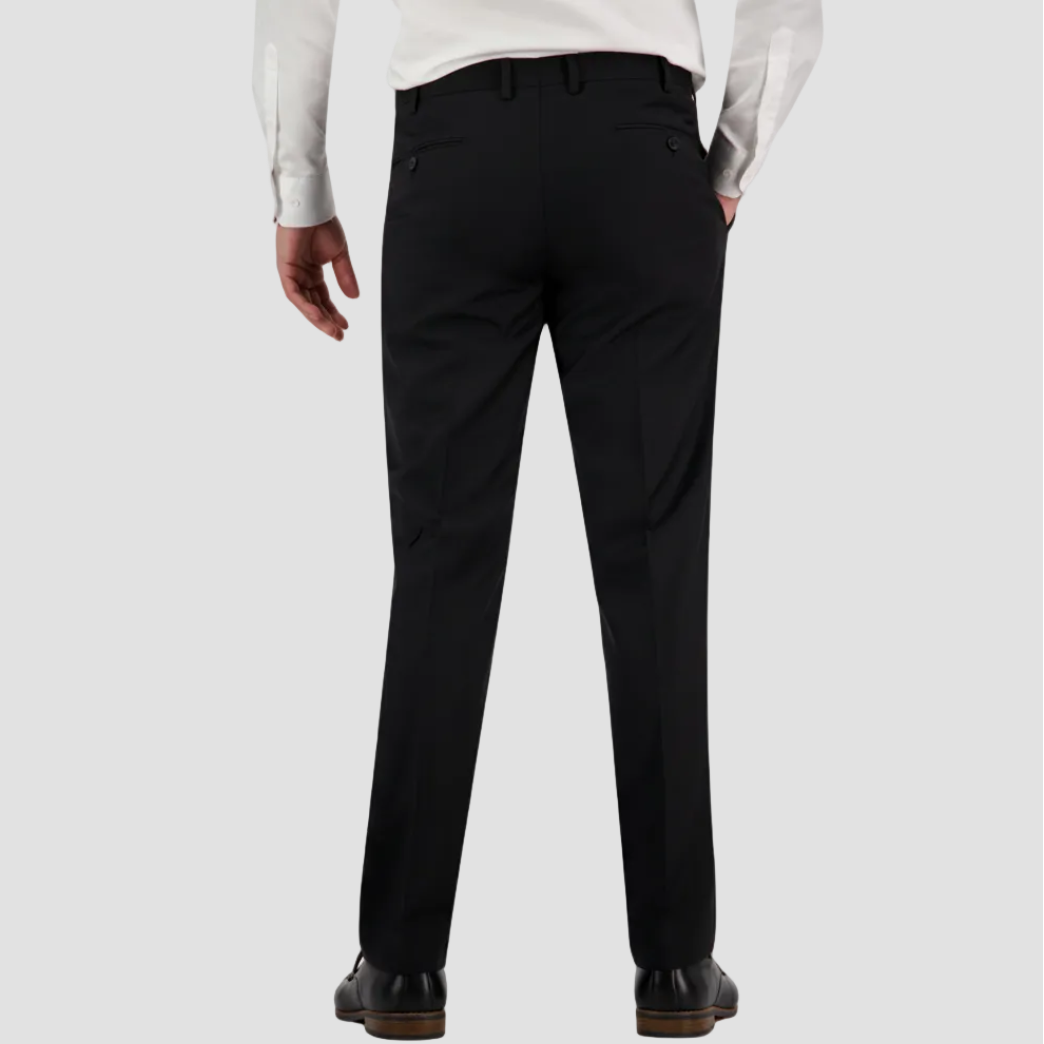 Big men black dress pants by Savile Row with white shirt and black leather shoes.