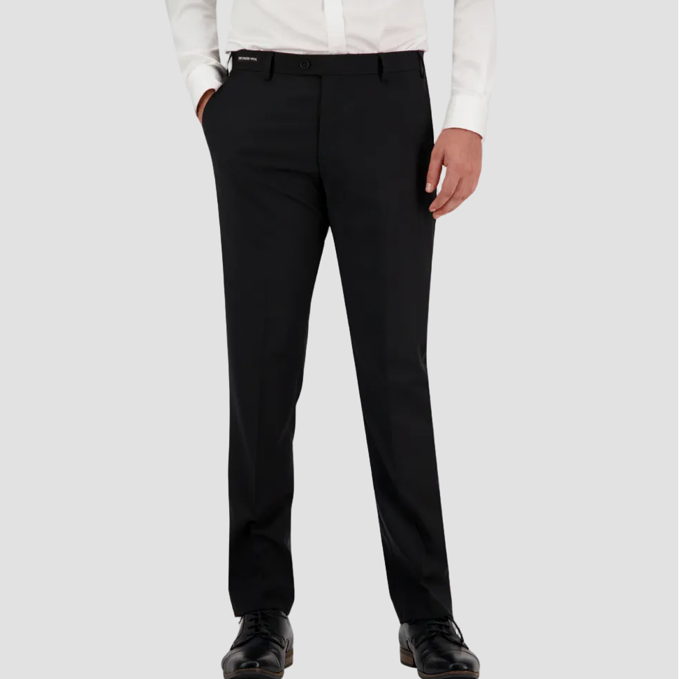 Big men black dress pants by Savile Row with white shirt and black leather shoes.