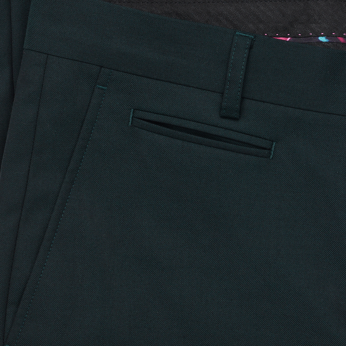 Belt and pocket details of the Savile Row Tailored Fit Mens Jesse Trouser in Green Pure Wool