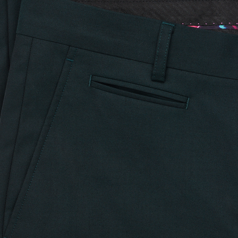 Belt and pocket details of the Savile Row Tailored Fit Mens Jesse Trouser in Green Pure Wool