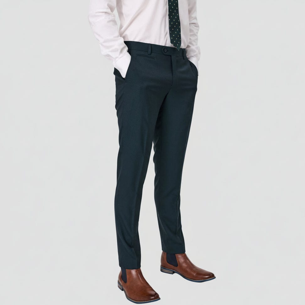 Forest green mens merino wool schmick trouser by Savile Row with a white shirt, patterned tie and brown leather shoes.