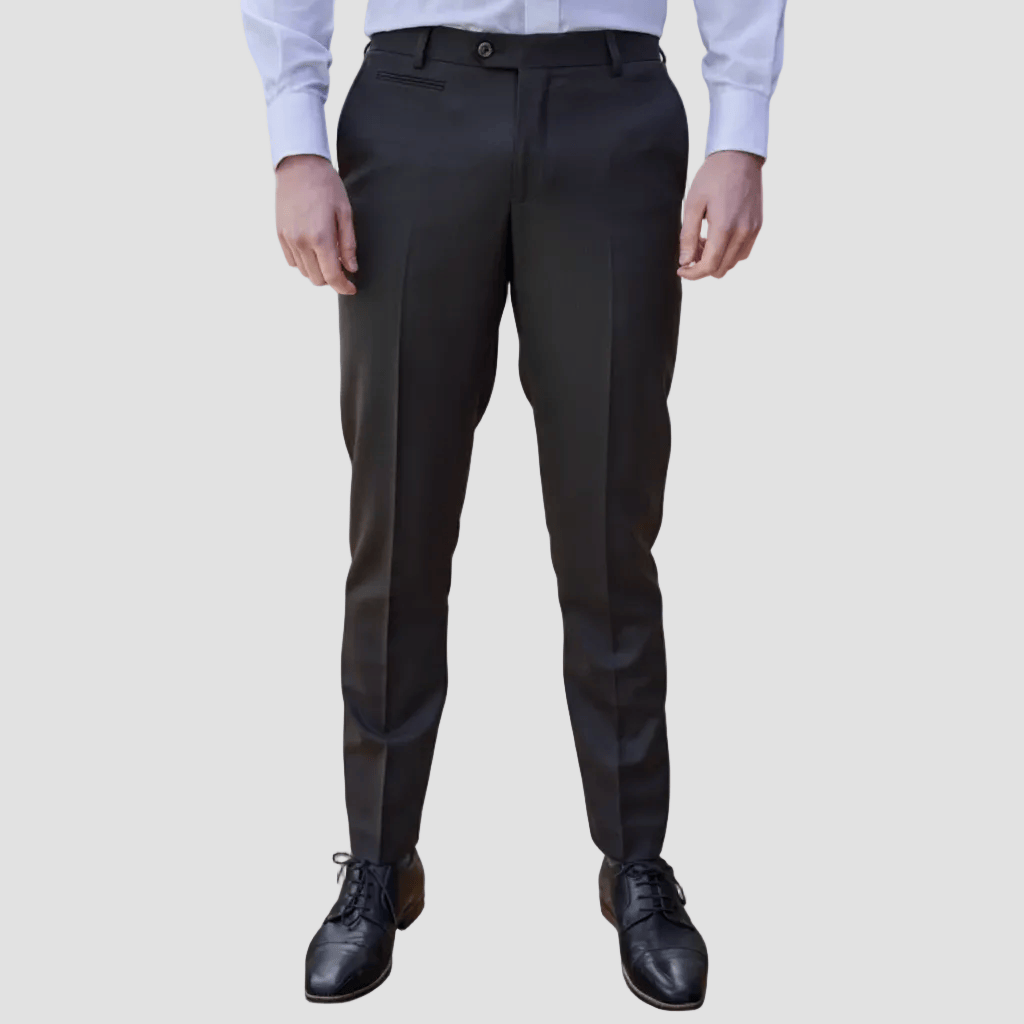 Brown-Black mens merino wool schmick trouser by Savile Row with a white shirt,  and black leather shoes.