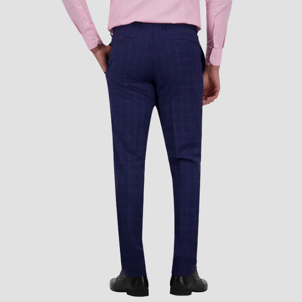 Azure blue patterned pants by Savile Row worn with a pink shirt and black leather shoes.