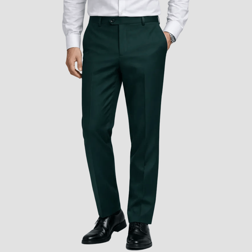 Forest green men's merino wool travel trouser by Savile Row.