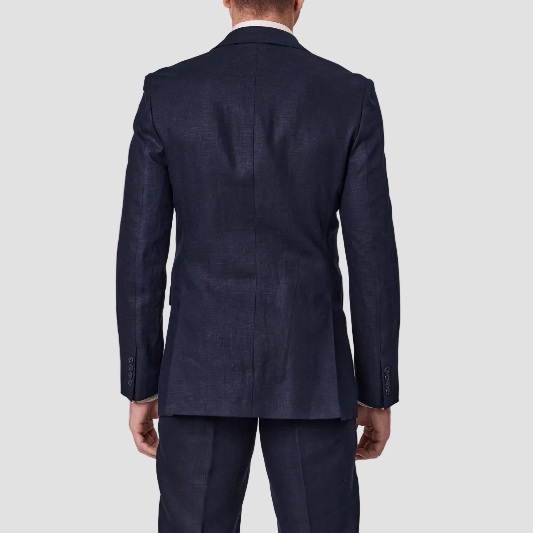 Mens pure linen navy suit by Savile Row with double vented back.