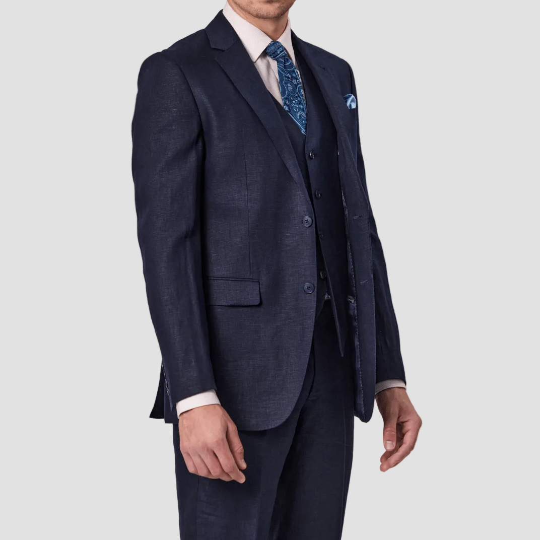 Mens pure linen navy suit by Savile Row with a blue tie and pocket square