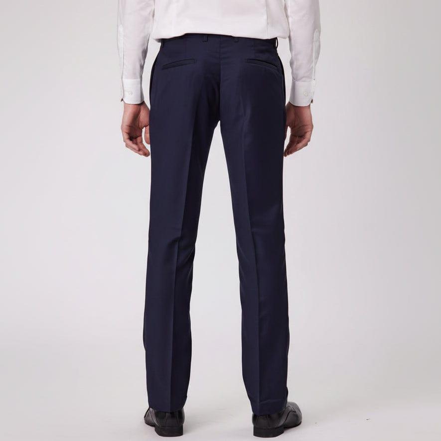 Classic fit navy travel‑finish wool trouser by Savile Row, crafted in Super 110’s Merino.