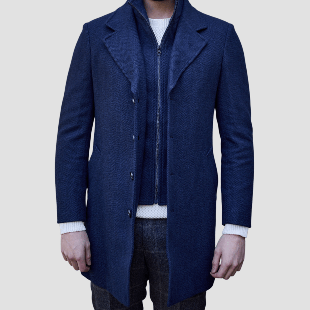 Jared Removable Collar Coat in Navy—Merino wool, three‑quarter length and clean single‑breasted design.