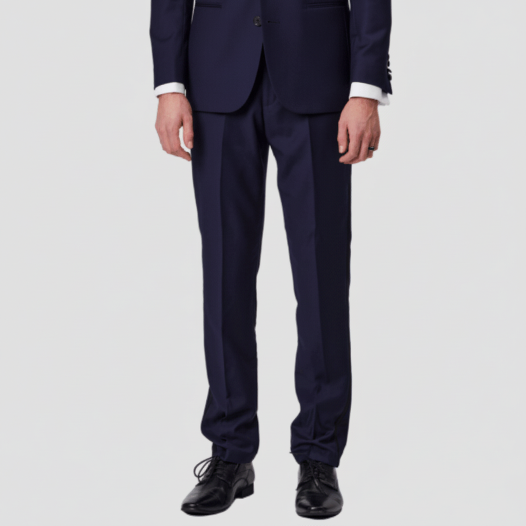 Navy tuxedo dinner trousers in Super 110s Merino wool with satin stripe detailing. A refined Savile Row piece, perfect for weddings, black‑tie and formal events.