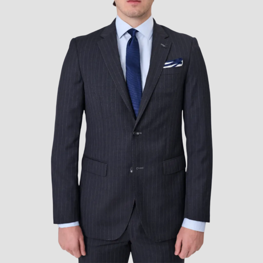 Charcoal stripe suit in Australian merino wool by Savile Row with a blue tie and pocket square.