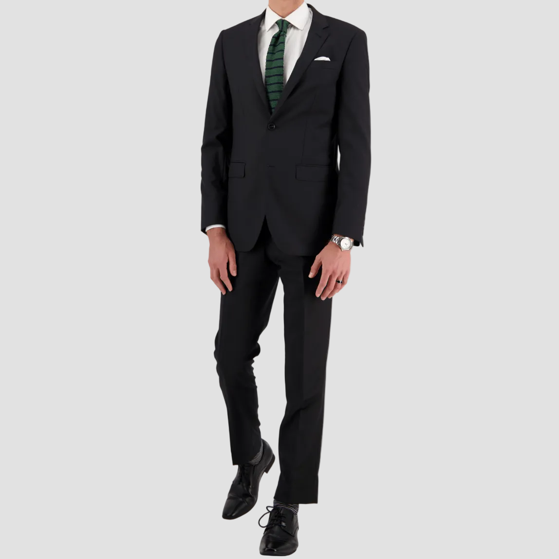 Black tailored performance suit in a premium wool blend by Savile Row. 