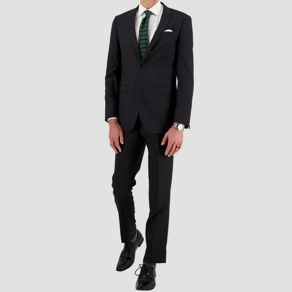 Black tailored performance suit in a premium wool blend by Savile Row. 