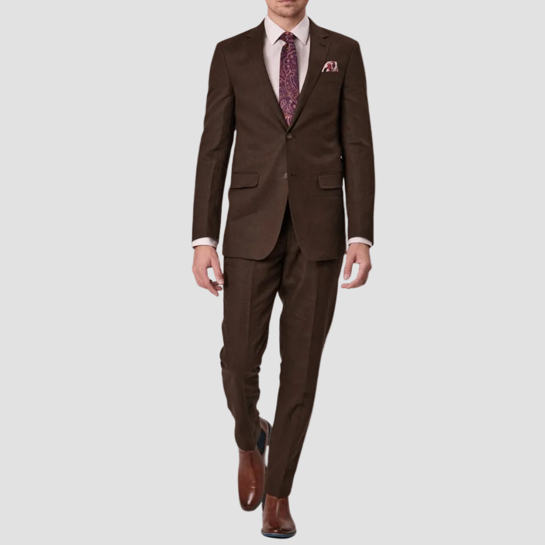 Brown wool linen suit by Savile Row with a patterned tie and pocket square.