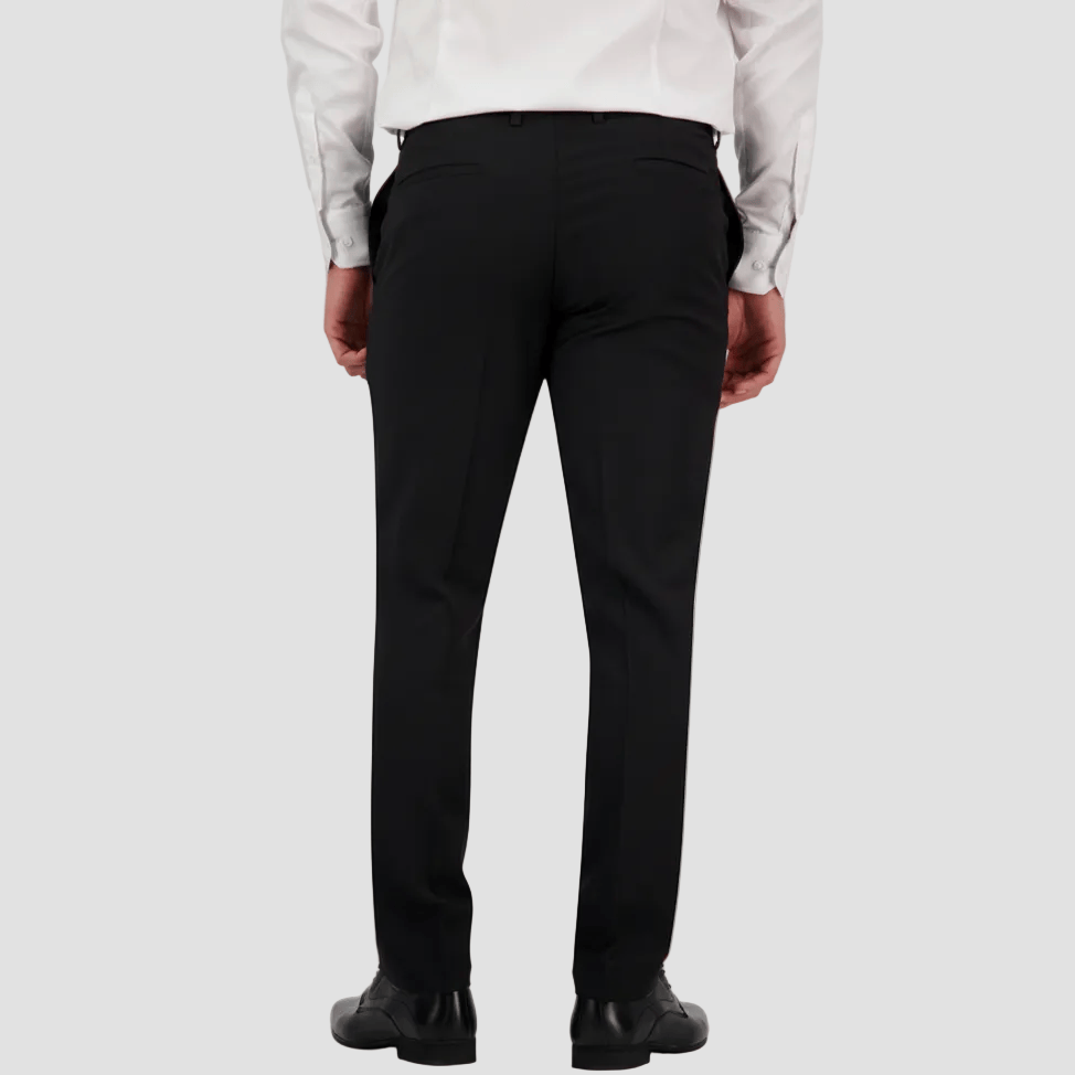Black travel‑finish wool trouser by Savile Row in a classic fit, tailored from Super 110’s Merino. 