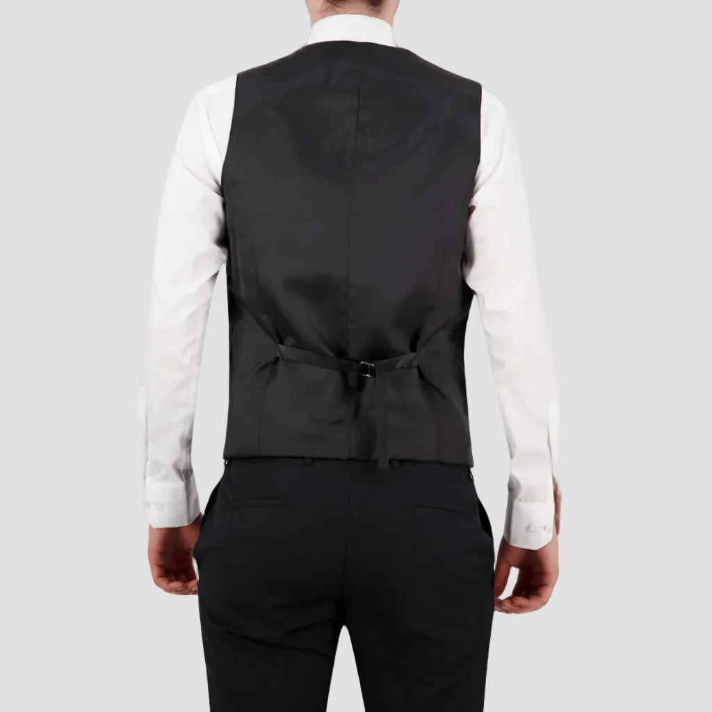 Back of the mens black vest with satin back and tab adjuster.