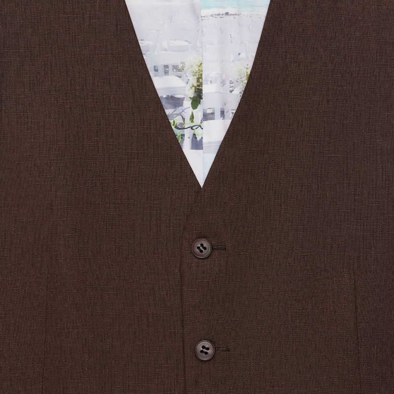 Closer look at the button details of the Savile Row Tailored Fit Mens Saul Vest in Brown Linen