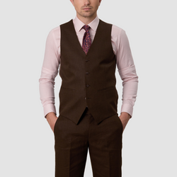 Front view of the Savile Row Tailored Fit Mens Saul Vest in Brown Linen