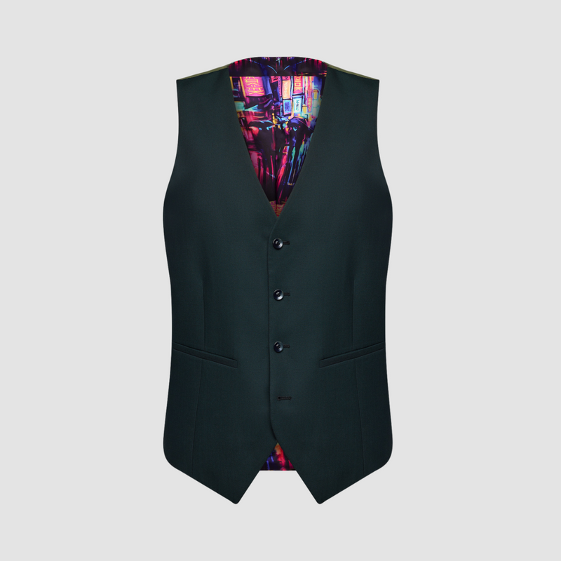 Front view of the Savile Row Tailored Fit Mens Saul Vest in Forest Green Wool.