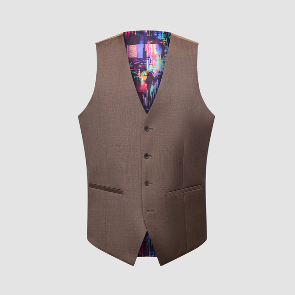 Front details of the Savile Row Tailored Fit Mens Saul Vest in Latte Brown Wool