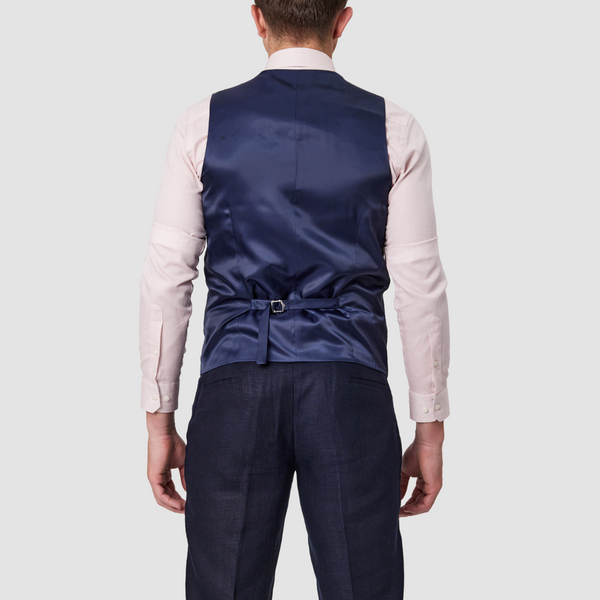 Back view of the Savile Row Tailored Fit Mens Saul Vest in Navy Linen.