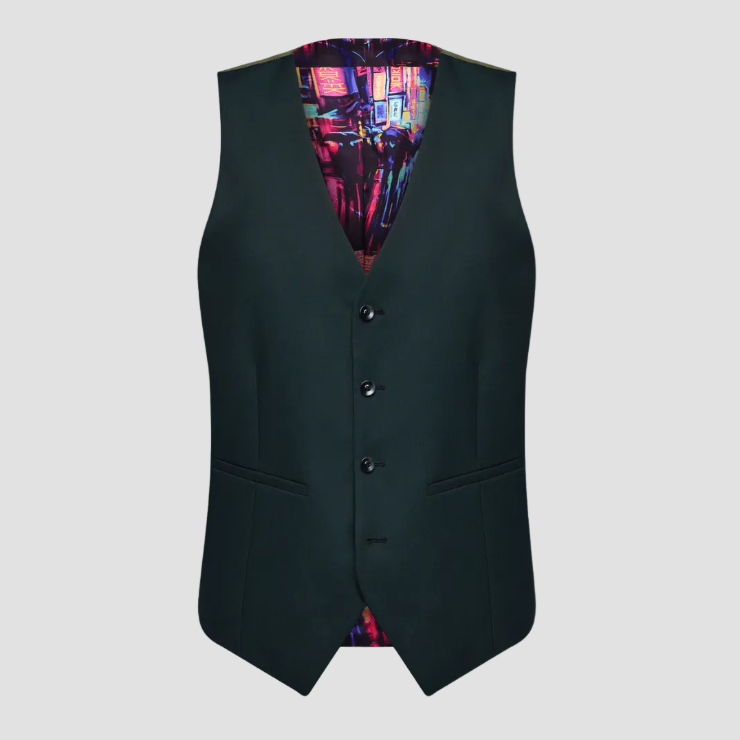 A tailored fit men's suit vest by Savile Row, in forest green wool with a four button front and satin back with an adjustable tab. 