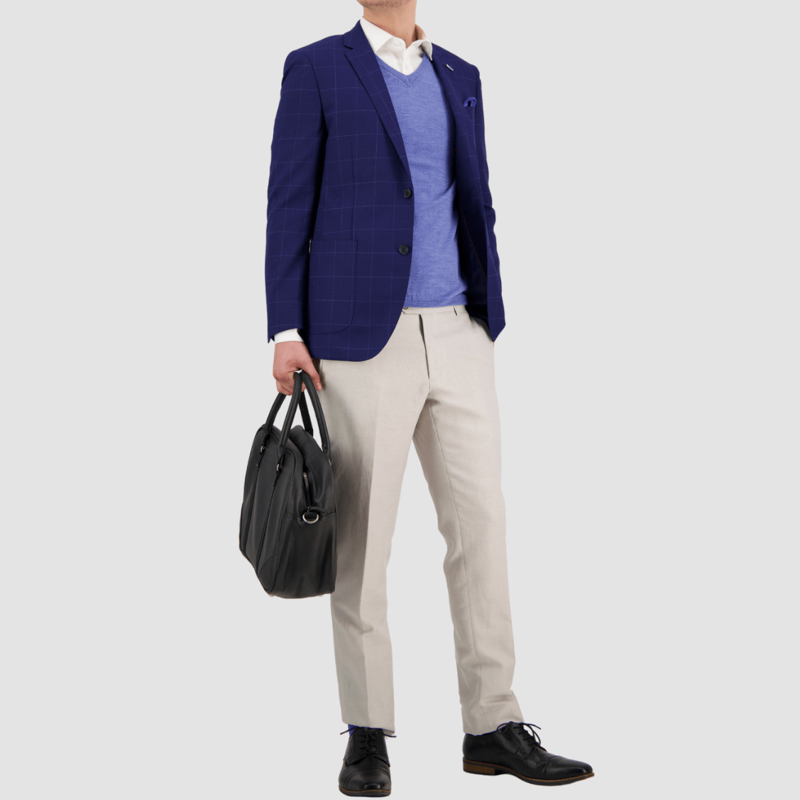 Savile Row Asher Navy Wool Jacket—slim fit, checked Merino wool, notch lapel. 