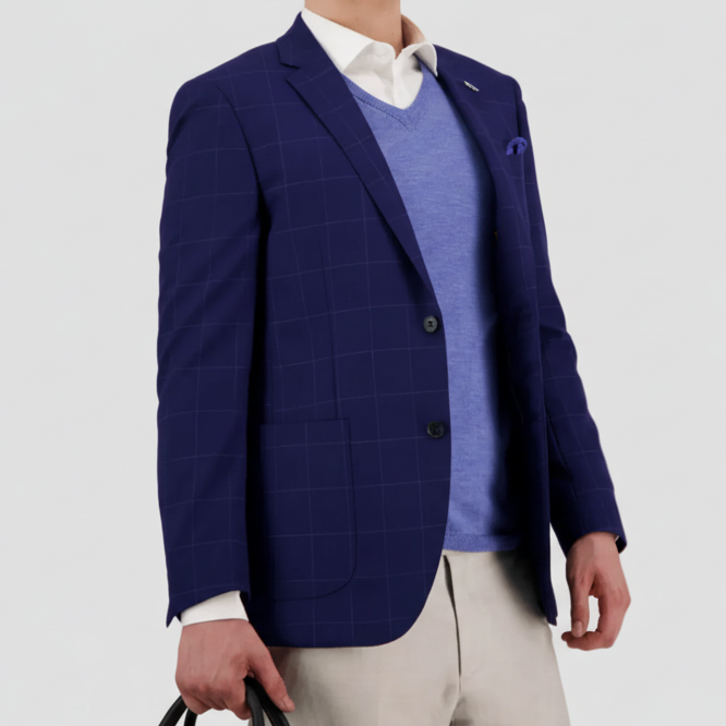 Savile Row Asher Navy Wool Jacket—slim fit, checked Merino wool, notch lapel. 
