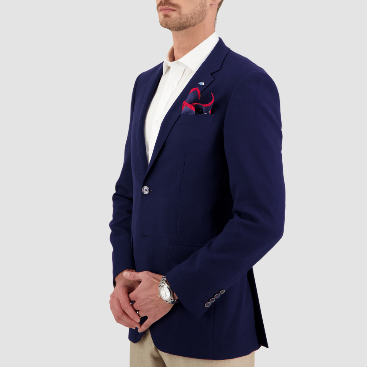 Savile Row Abram Navy Wool Jacket—big men's slim fit, textured Merino wool, notch lapel. 