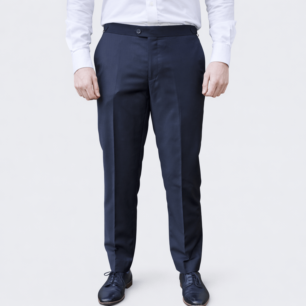 Slim fit black Super 110s Merino wool trousers with a refined travel finish.