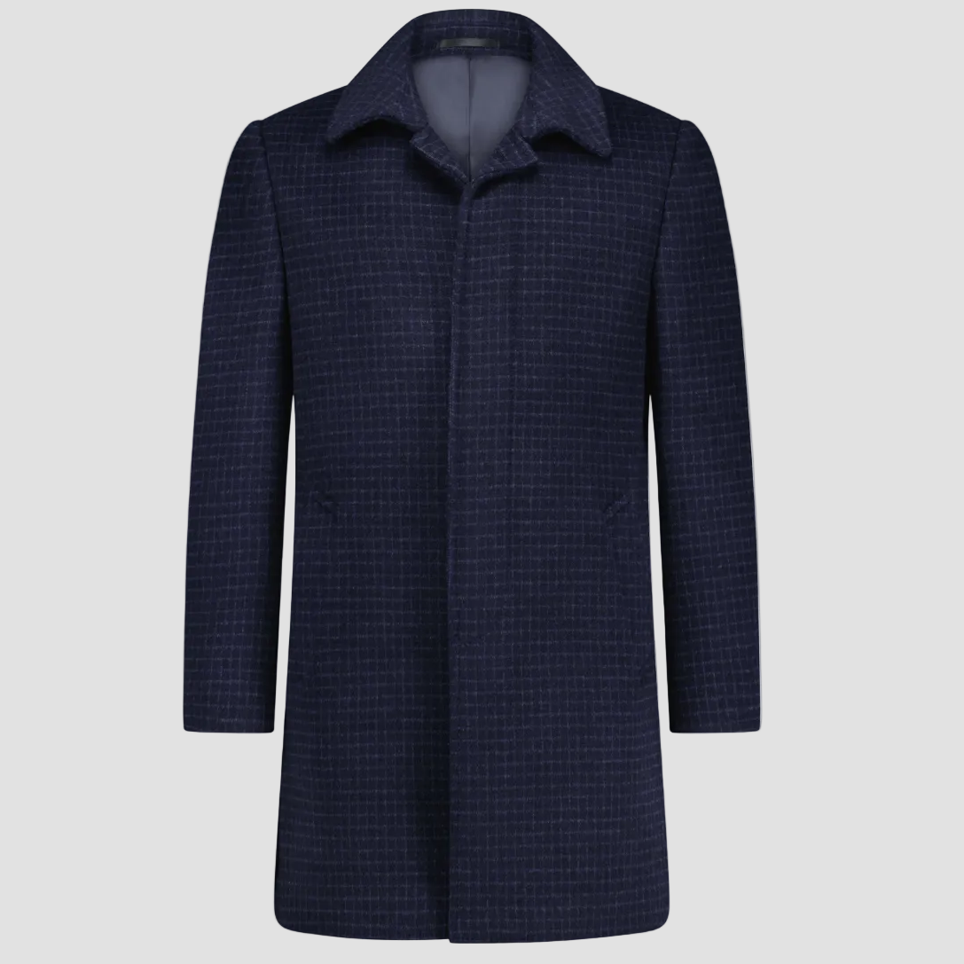 A navy check wool cashmere blend men's overcoat with covered button single breasted front.