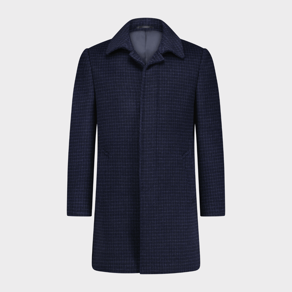 Savile Row Mens Stephen Coat in Navy Check Wool Cashmere Blend