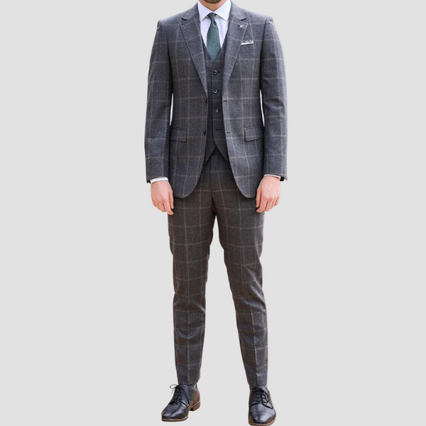 Men’s Abram Flannel Suit in fawn by Savile Row, made from 100% Merino wool with a mid-grey windowpane check finish.
