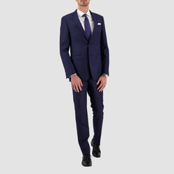 a full length navy blue mens suit with double button front and tailored fit
