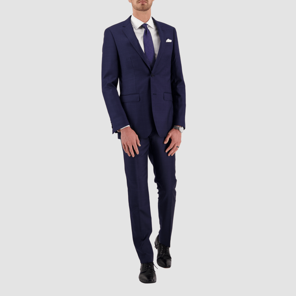 savile row mens navy blue suit with a white shirt and blue tie underneath