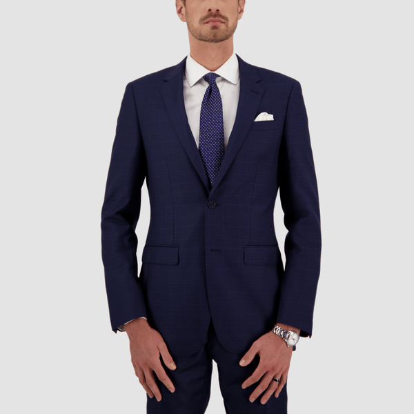 mens navy blue suit with double button front and peak lapel