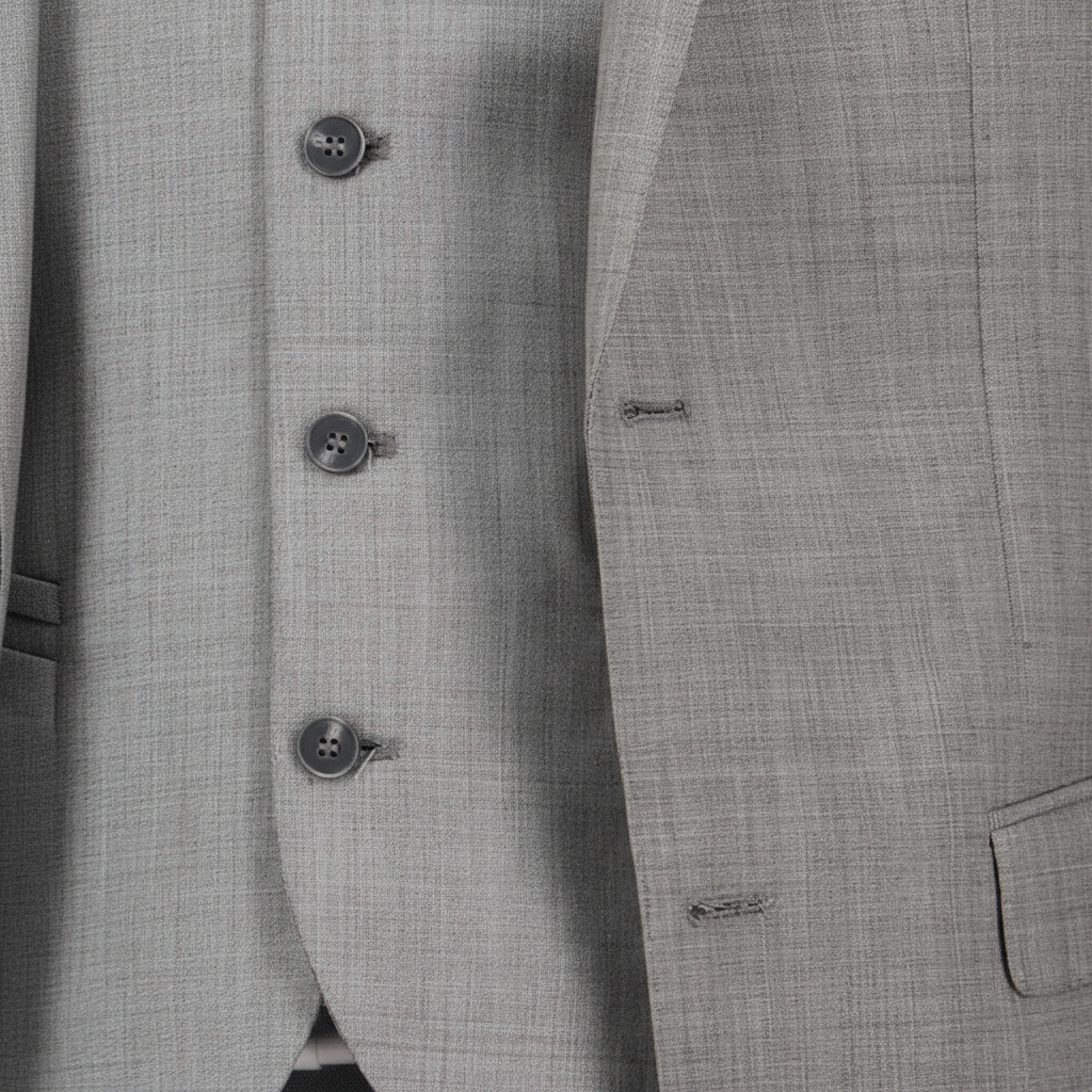 Close-up of a gray suit jacket with buttons and plaid pattern