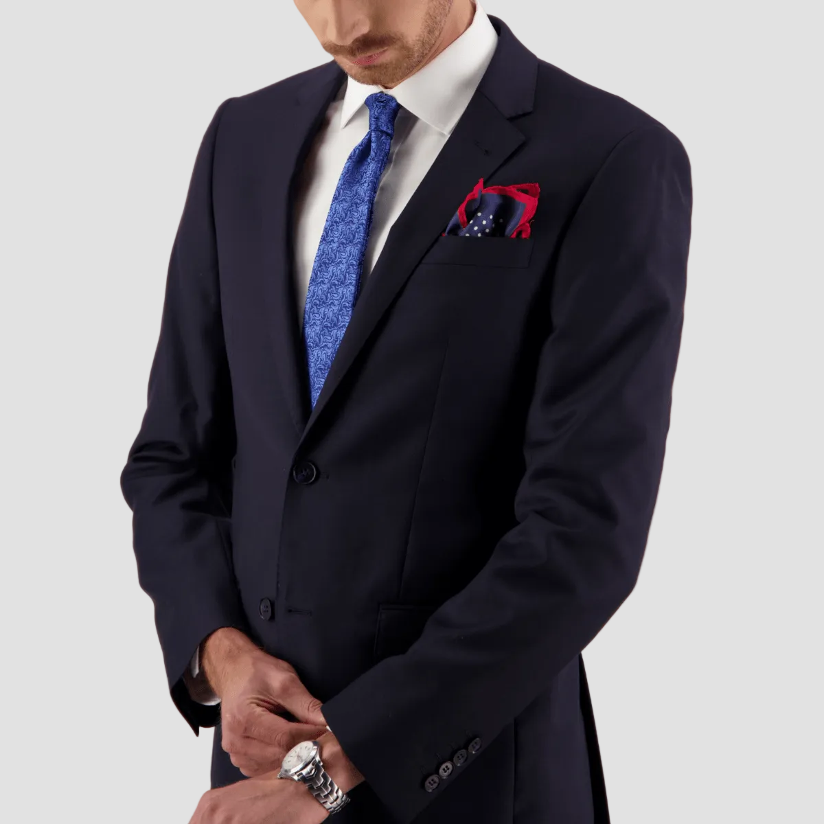 Navy Big Men’s tailored travel suit in Super 110s Merino wool by Savile Row. 