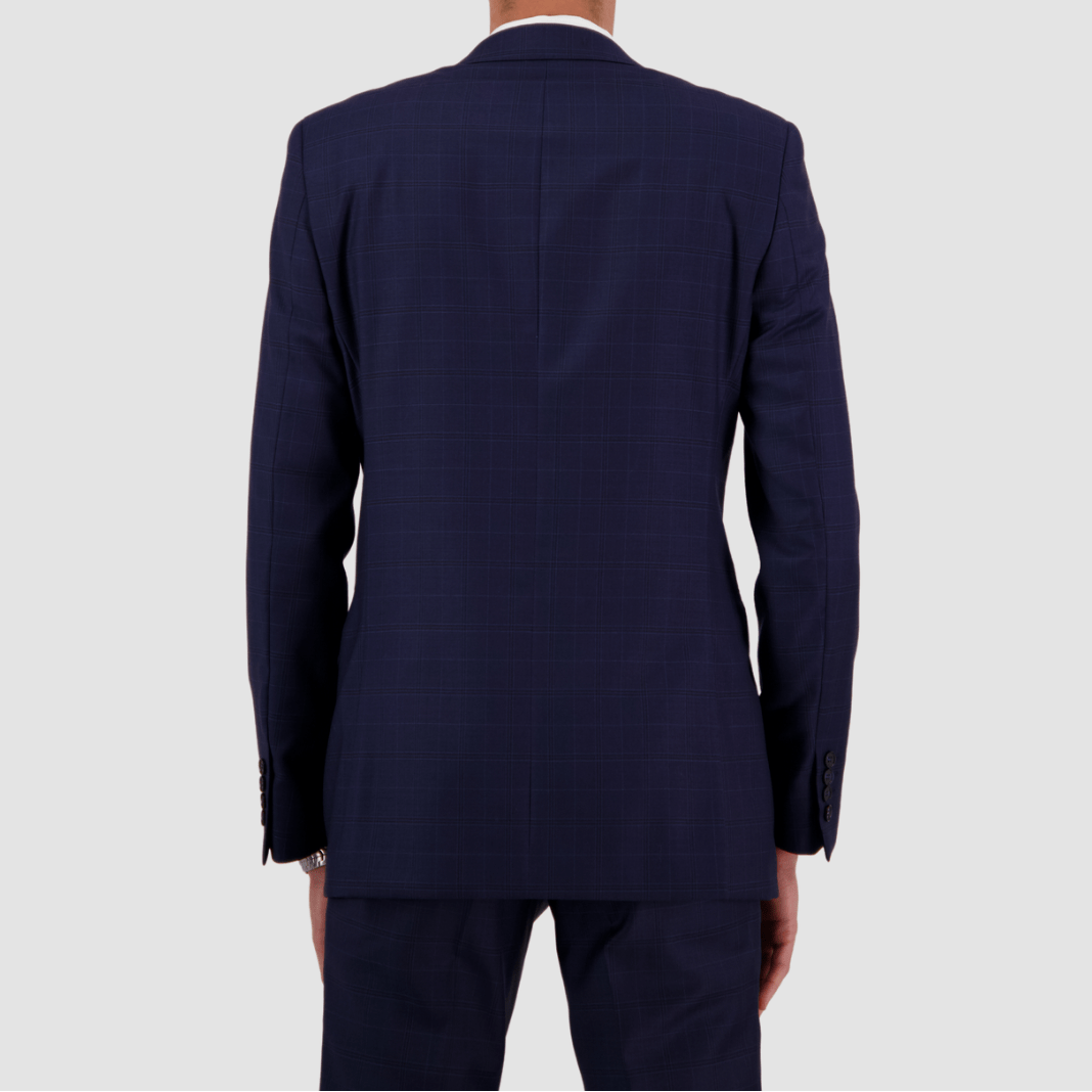 Refined navy Merino wool suit by Savile Row—tailored fit, sharp notch lapel and two-button design, perfect for business, events, and elevated occasions.