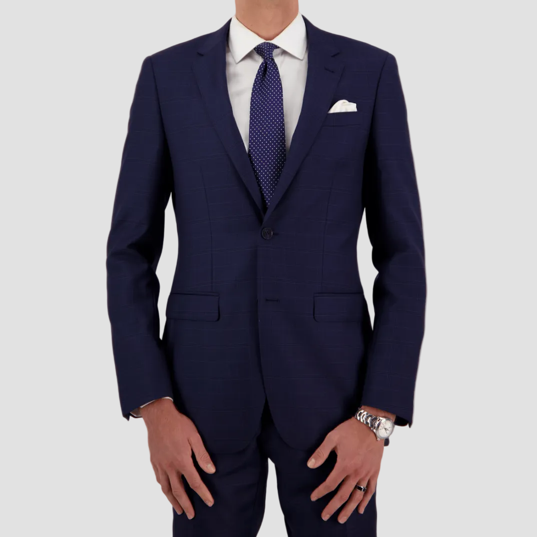 Refined navy Merino wool suit by Savile Row—tailored fit, sharp notch lapel and two-button design, perfect for business, events, and elevated occasions.
